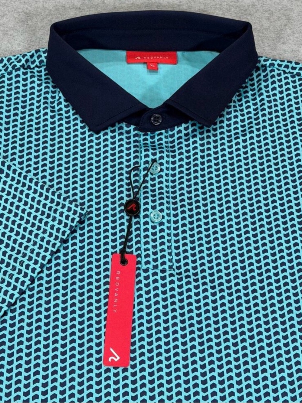 Redvanly Men’s XL Graine Curaçao Teal Geo Patterned Performance Stretch Polo